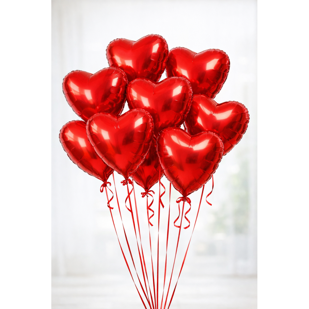 Ten red heart latex balloons
