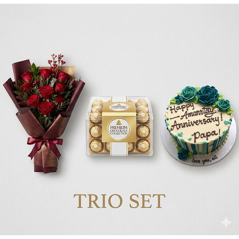 Roses, chocolates and celebration cake