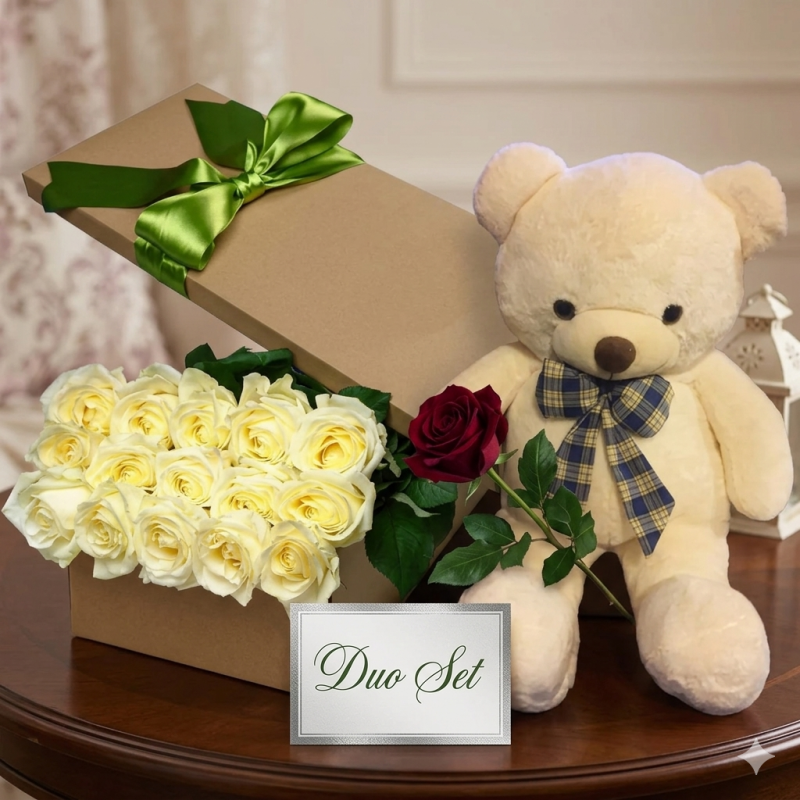 Caixa de rosas brancas e oso de peluche