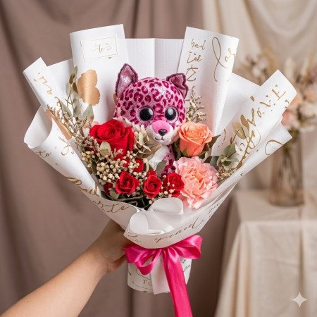 Mazzo floreale di peluche rosa a forma di leopardo