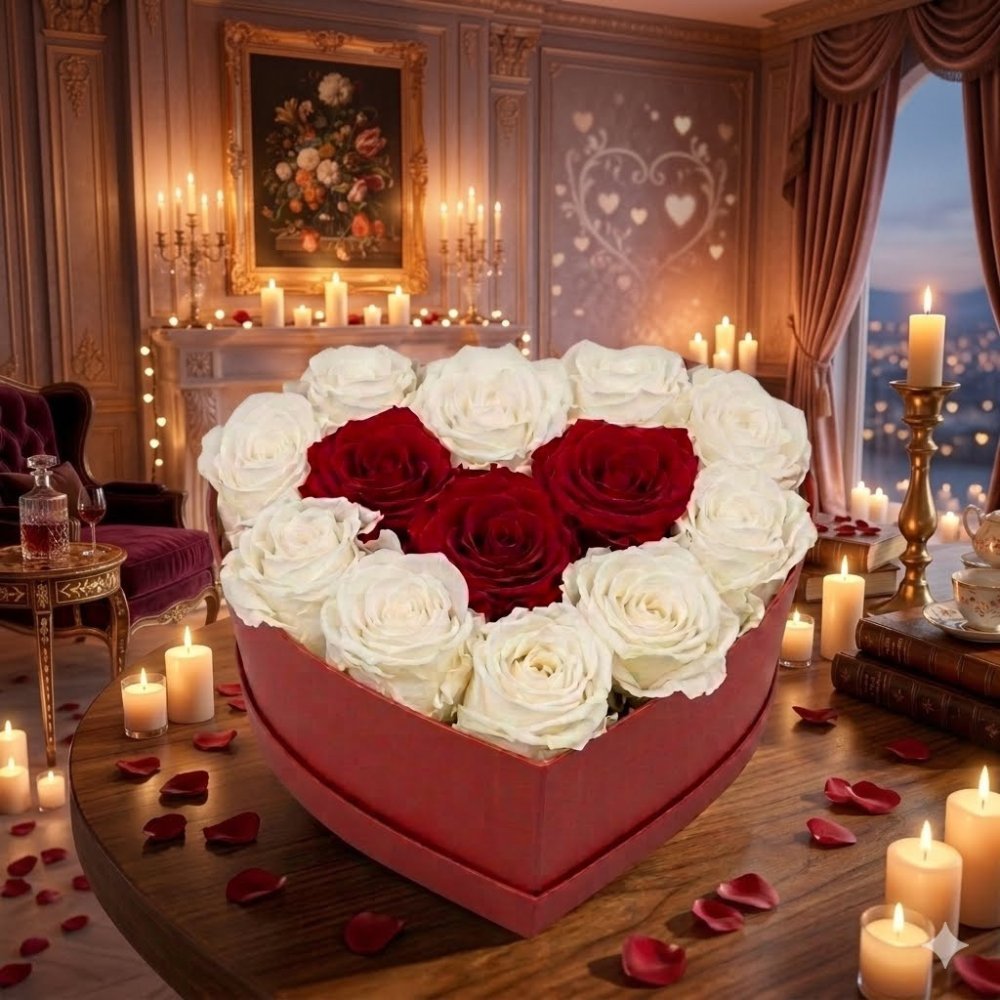 Rosas vermellas e brancas en forma de corazón