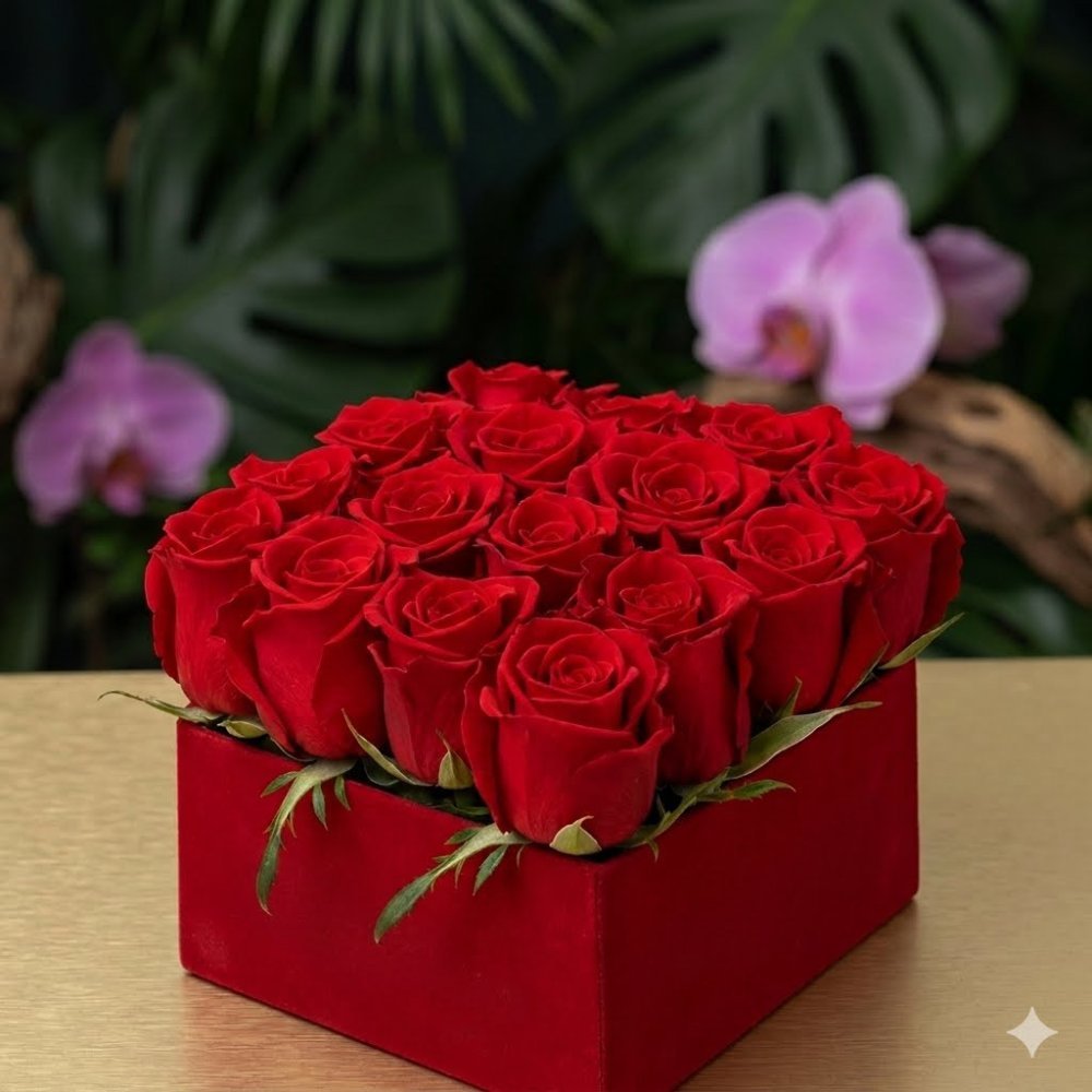 Red roses in red square box