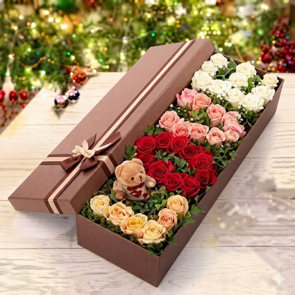 Gradient rose box with teddy bear