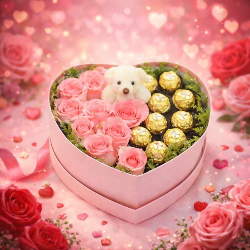 Caja de corazón rosas chocolates oso