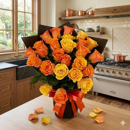 Golden Glow: Vibrant Orange & Yellow Roses 100-200-300-400-500 | Bouqu