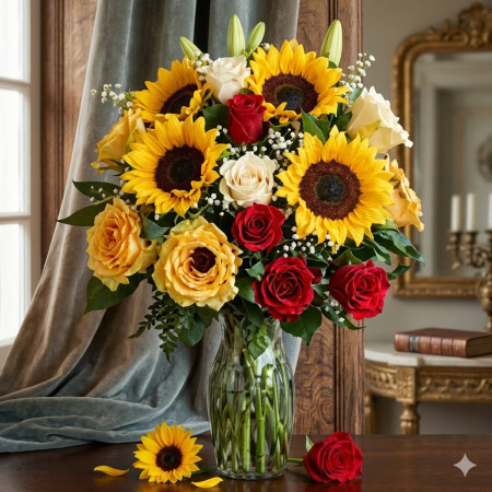 Sunlit Elegance: A Bouquet of Sunflowers, Roses, and Lilies | Order No