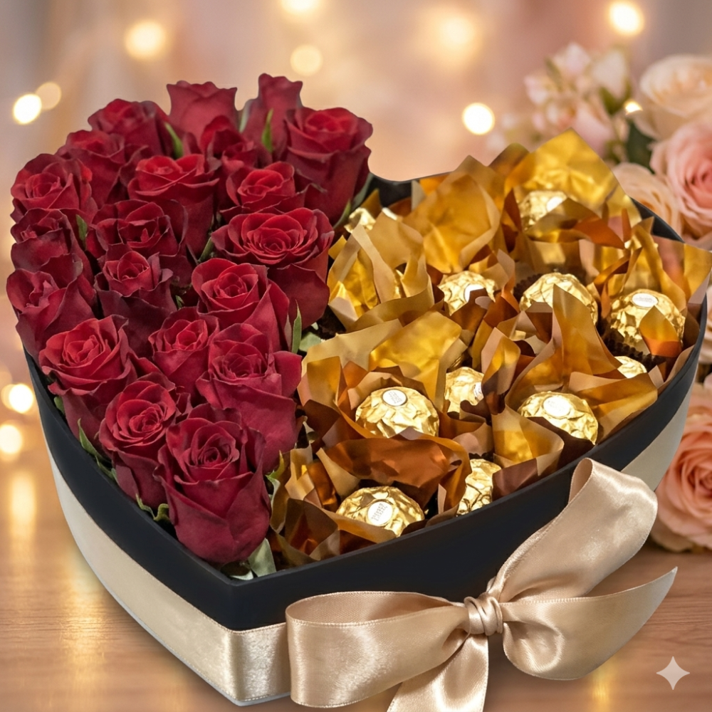 Heart box red roses chocolates