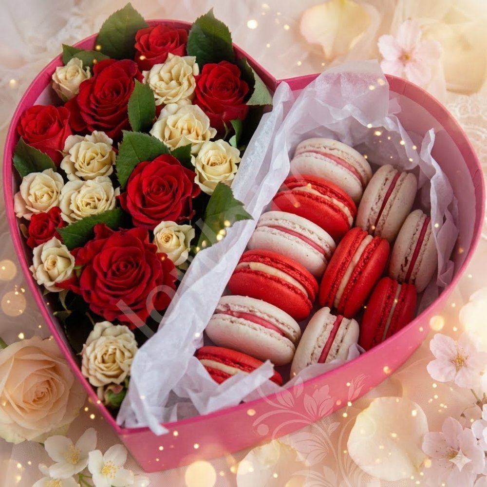 Heart box roses and macarons