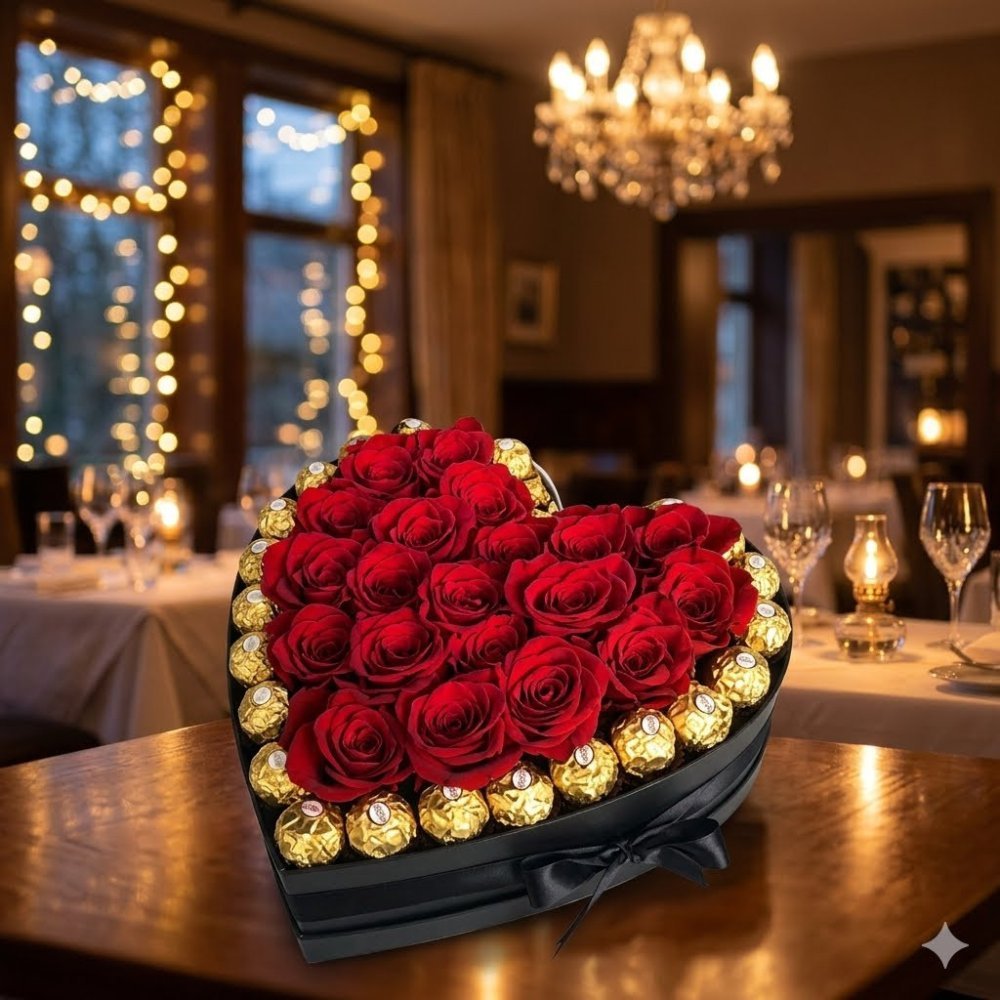 VALENTINE GIFT RED ROSES FLOWERS WITH CHOCOLATE IN HEART IN BOX
