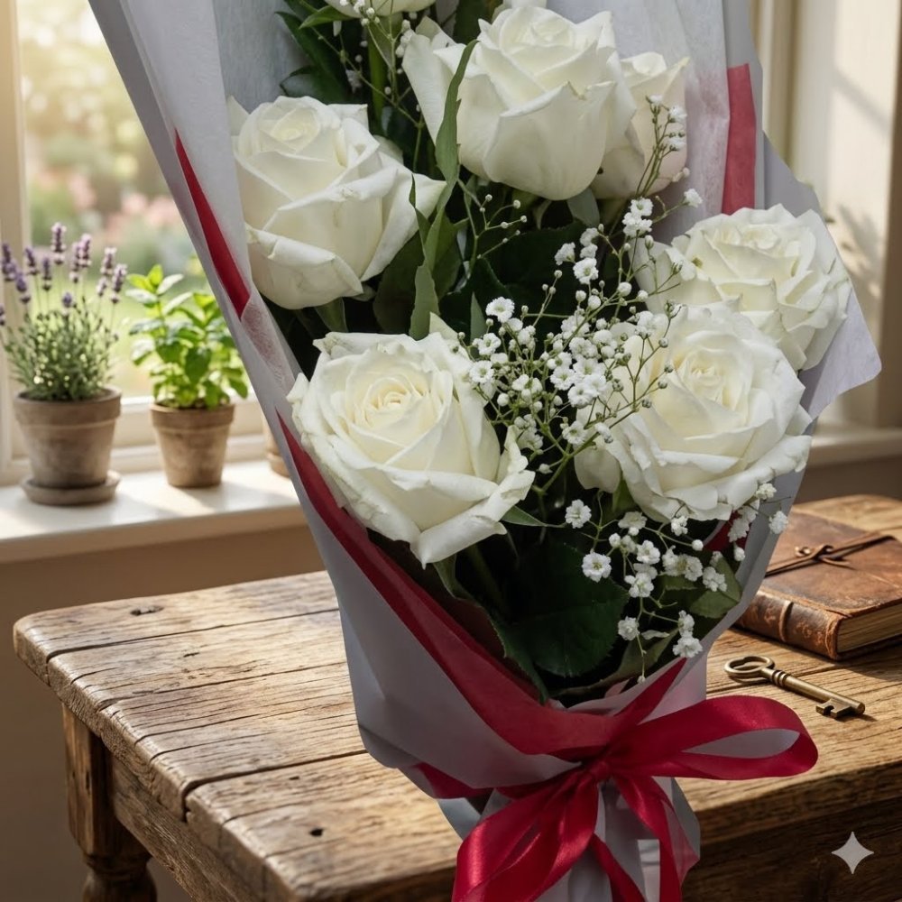 Roses flowers bouquet ruban rouge