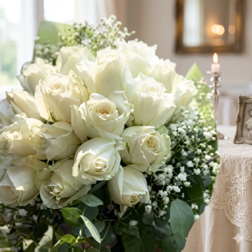 White roses and baby's breath