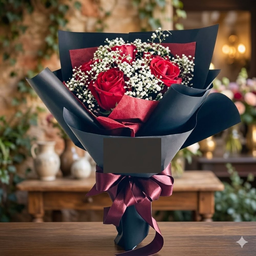 Red roses bouquet charcoal wrap