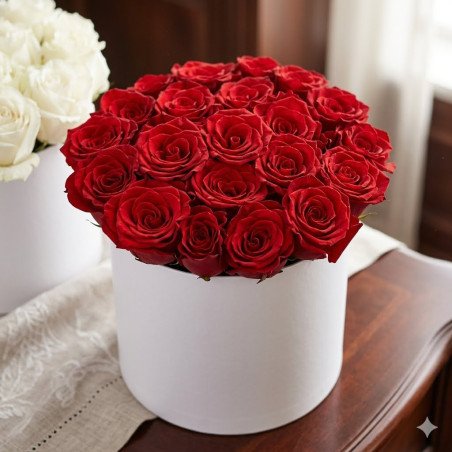 Rote Rosen in weißer Hutschachtel
