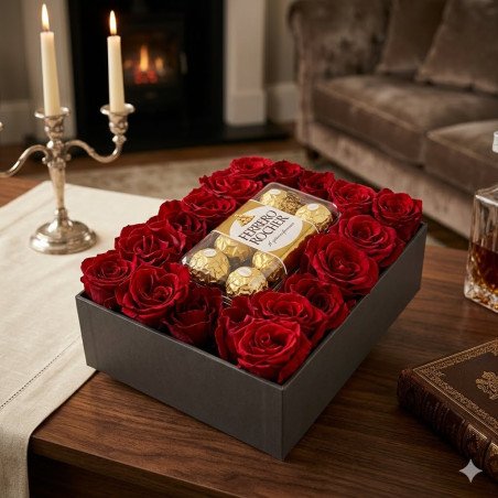 Caja de regalo de rosas rojas y bombones