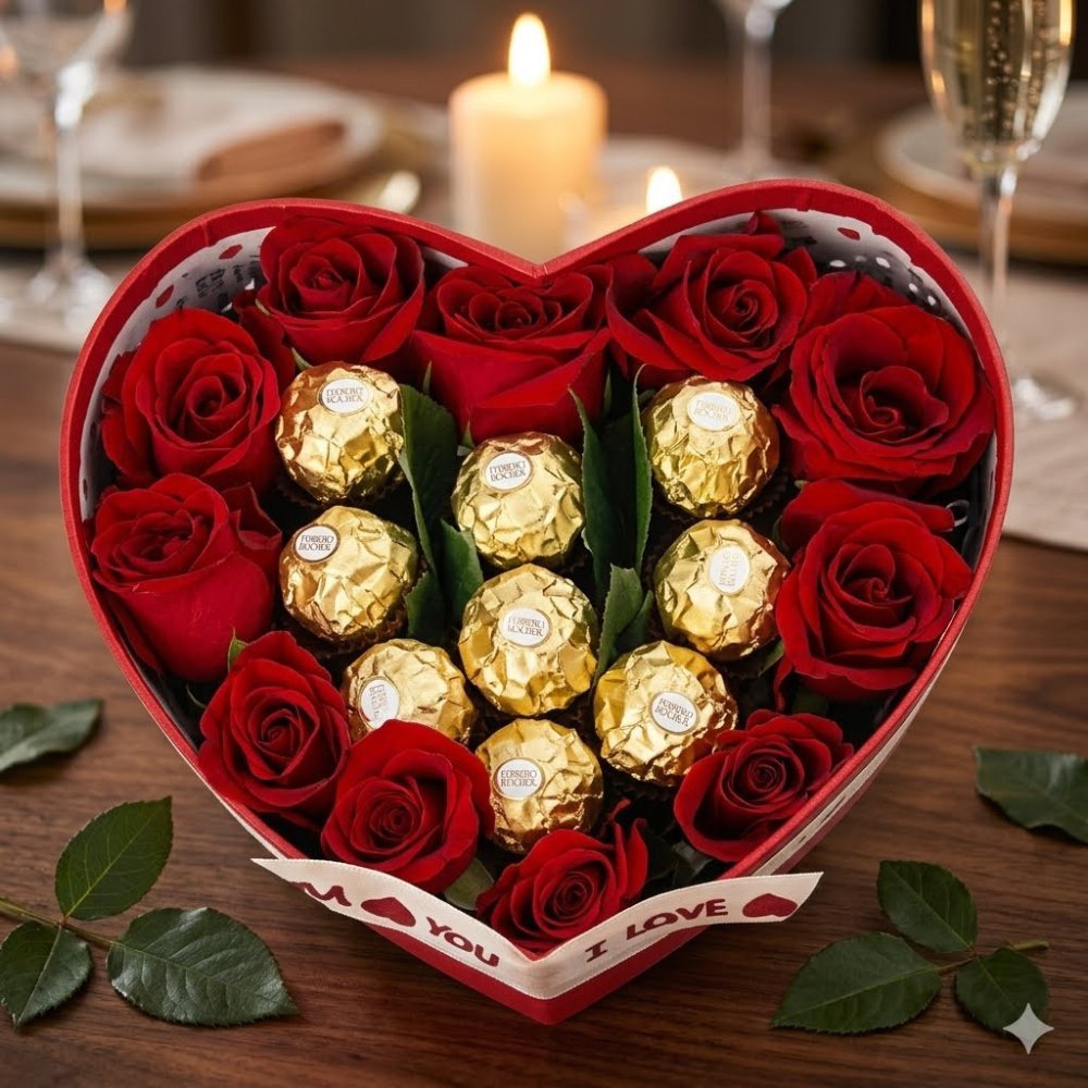 Heart box red roses chocolates