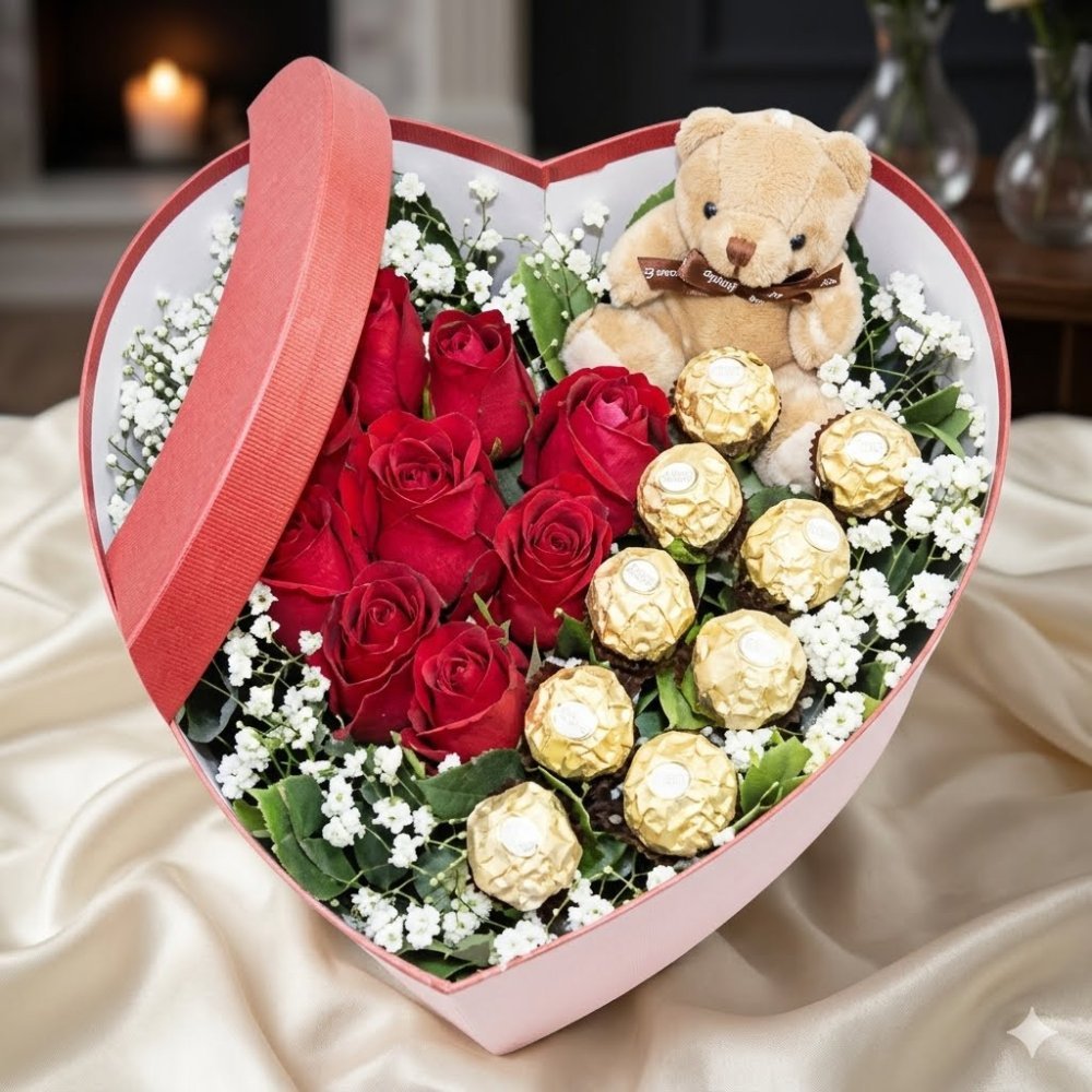 Heart box roses chocolate teddy