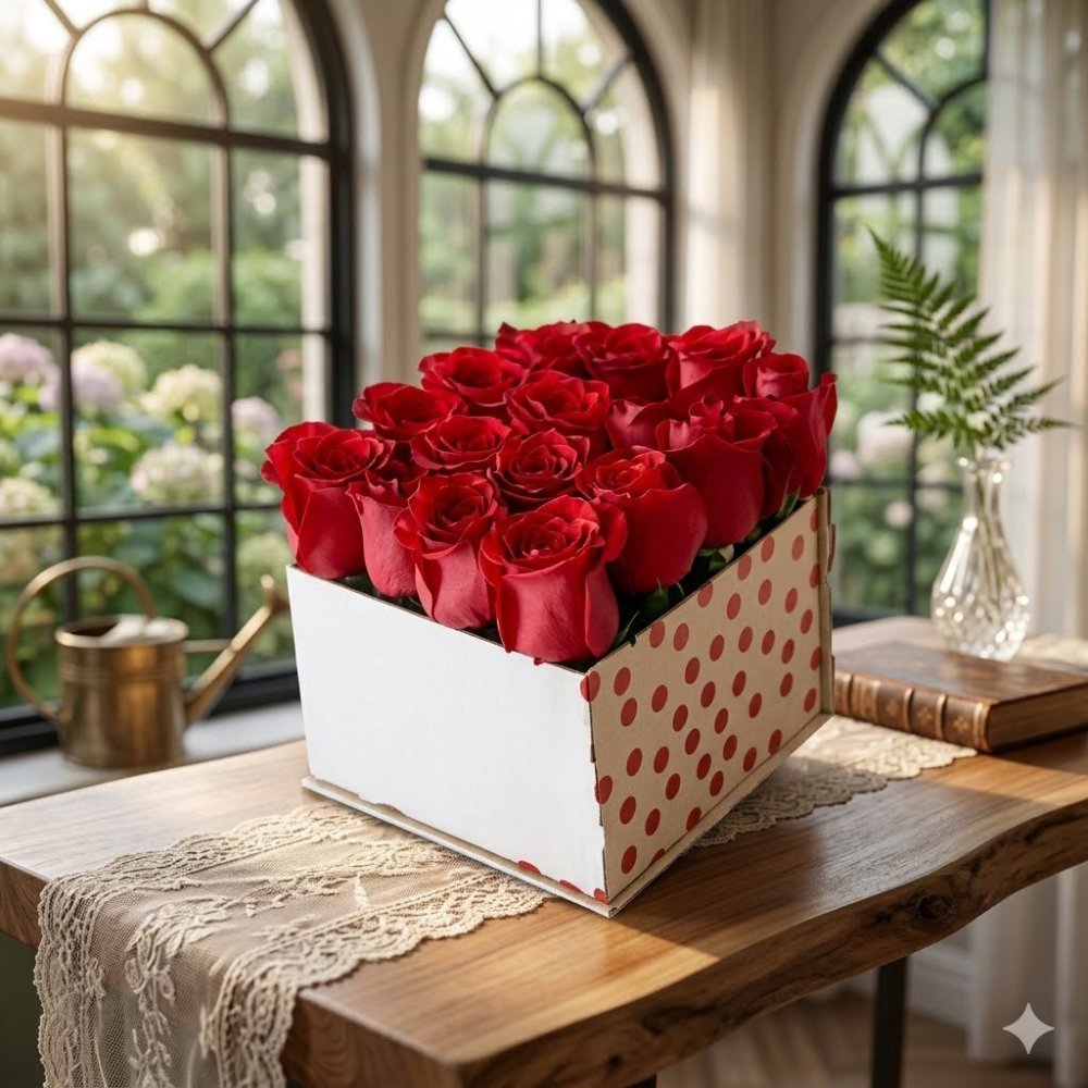 Red roses in polka-dot box