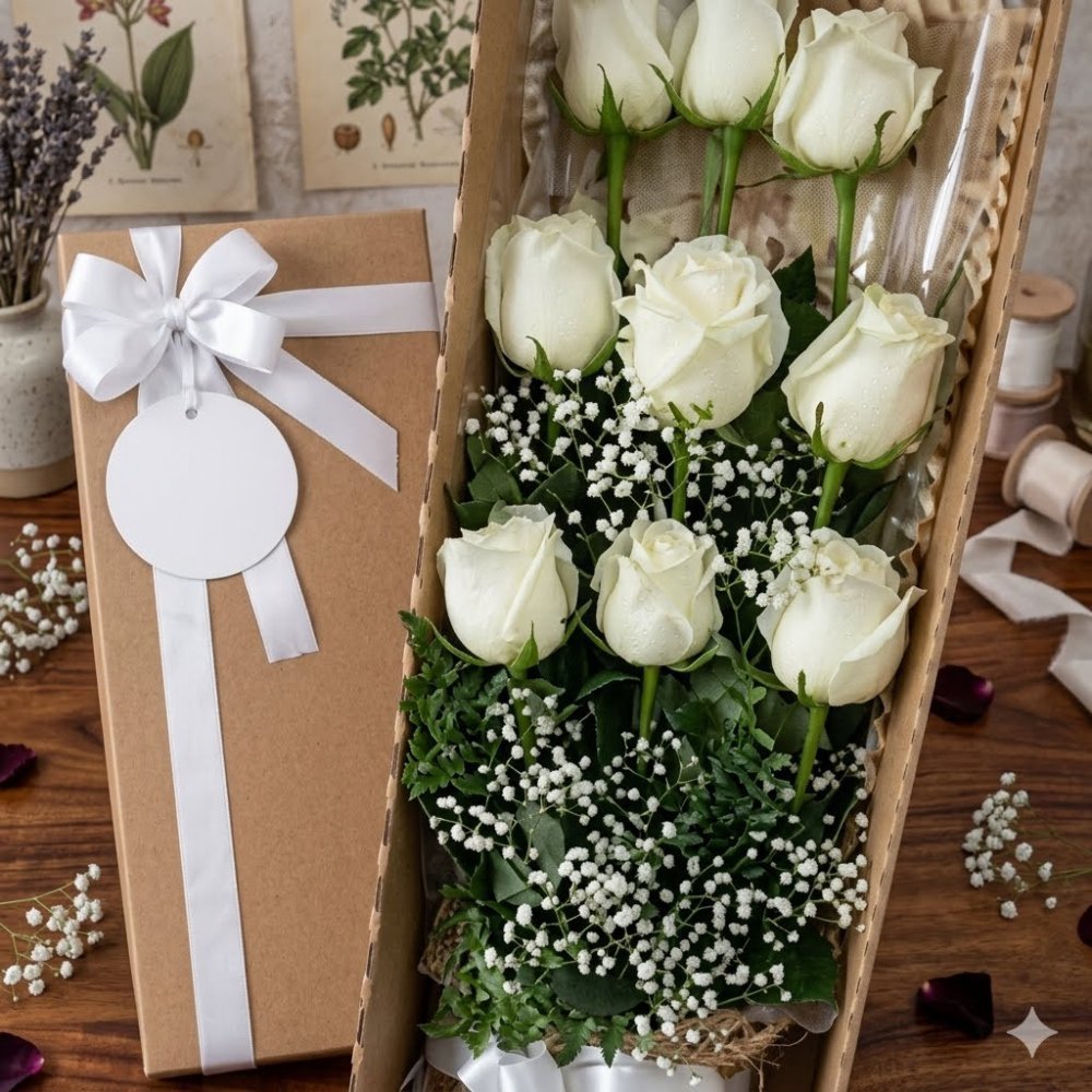 White roses in kraft box