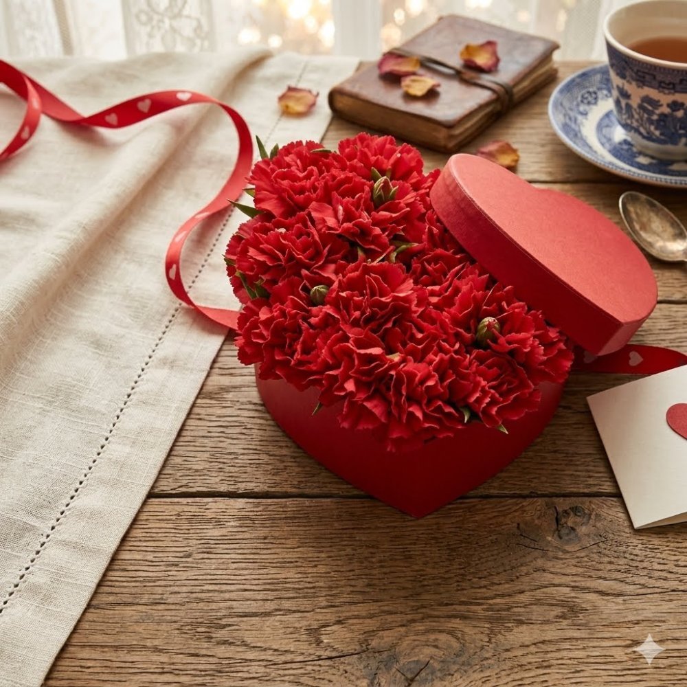 Red carnations in heart box