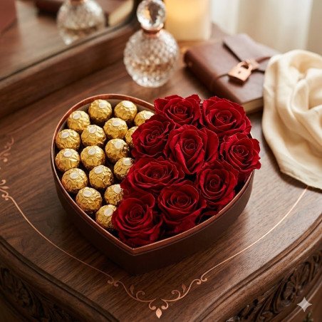 Heart box red roses chocolates