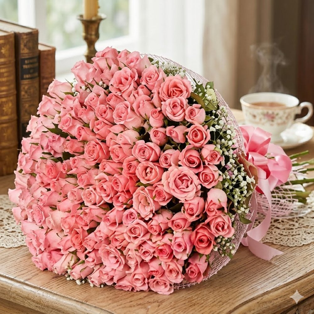Pink roses bukett med gypsophila