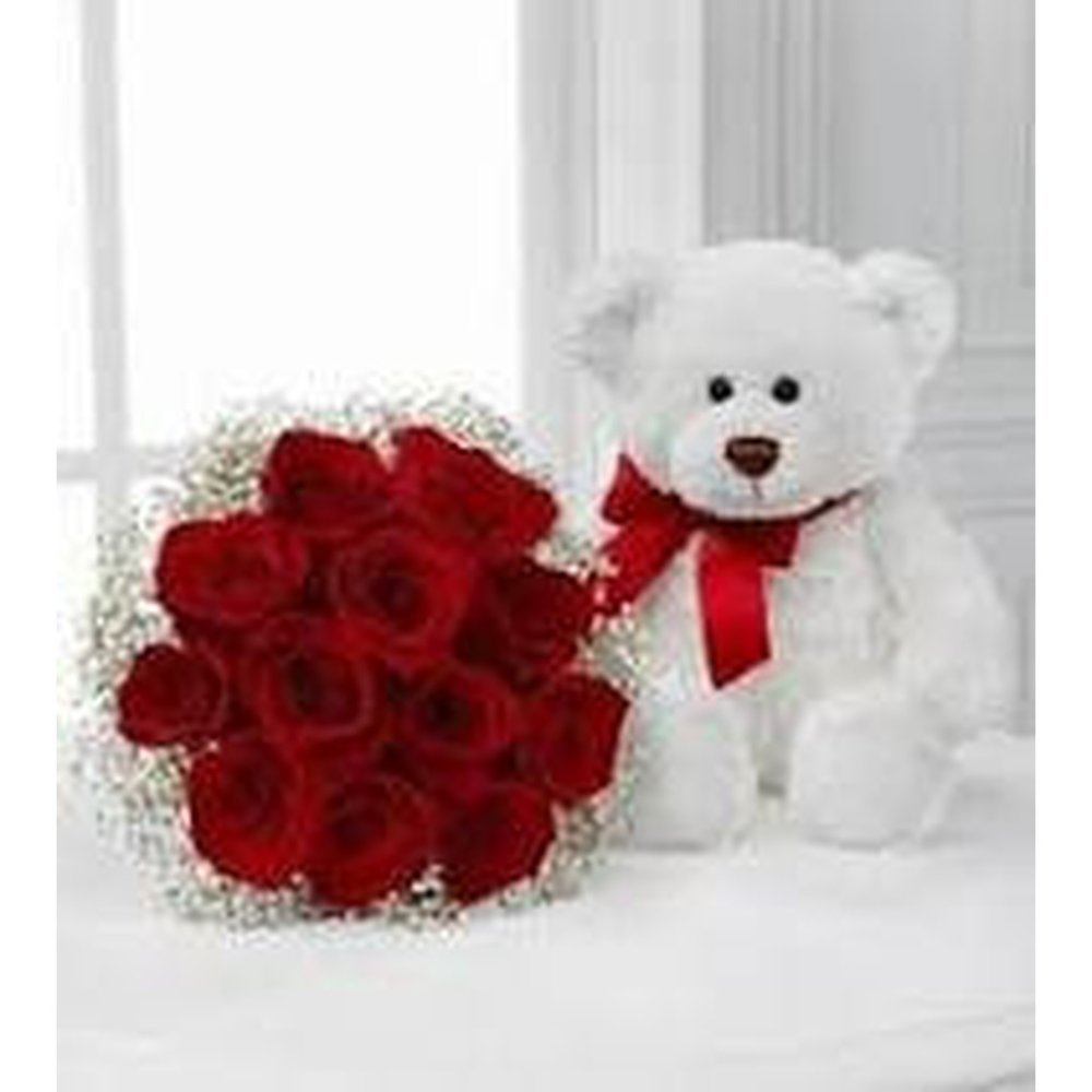 Bouquet de roses rouges avec ours en peluche