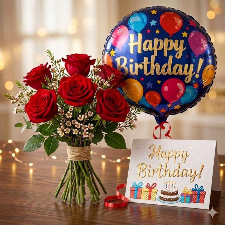  Surprise Birthday Gift Set: Premium Red Roses, Balloon & Card Bouquet of Flowers - Foto 1