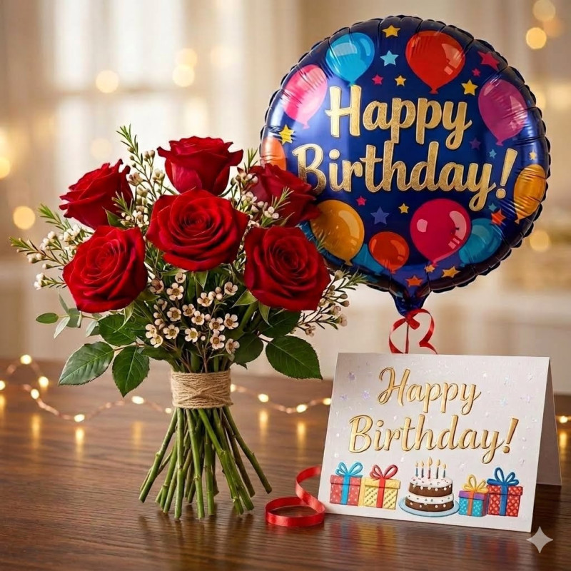  Surprise Birthday Gift Set: Premium Red Roses, Balloon & Card Bouquet of Flowers - Foto 1