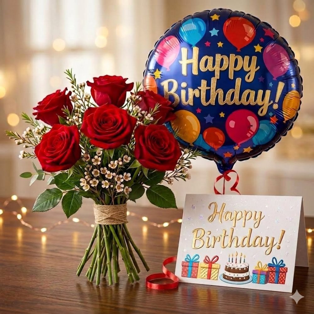 Red roses, birthday balloon, card