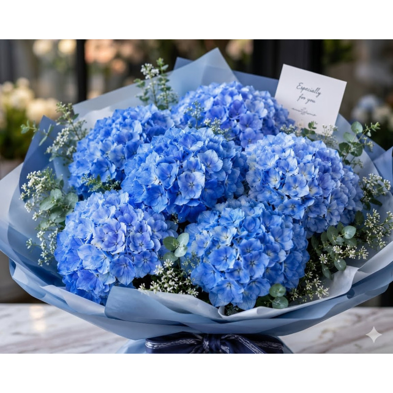  Blue Hydrangea Bouquet - Luxury Flower Delivery (6 Large Blooms) Bouquet of Flowers - Foto 1