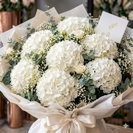White Hydrangea Bouquet - Next-Day Flower Delivery Pattaya (7 Large Blooms)