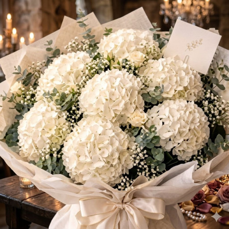 White Hydrangea Bouquet - Next-Day Flower Delivery Pattaya (7 Large Blooms)