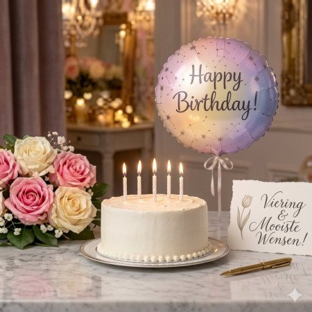 Birthday cake, roses, and balloon