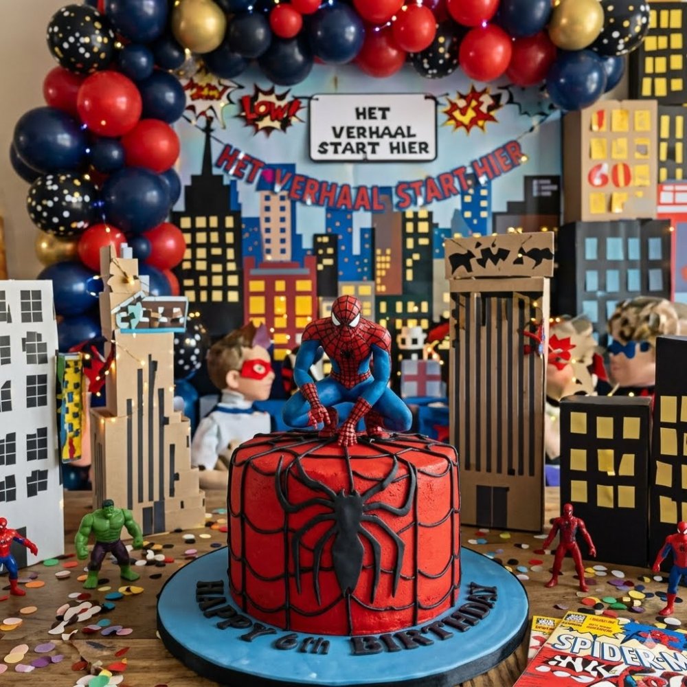 Spider-Man-thema verjaardagstaart opstelling