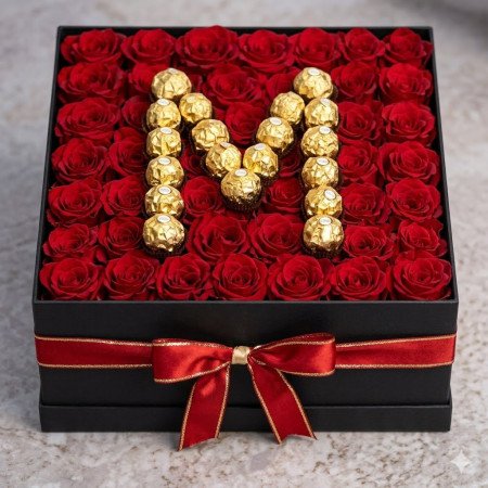 Gouden chocoladeletter M met rode rozen