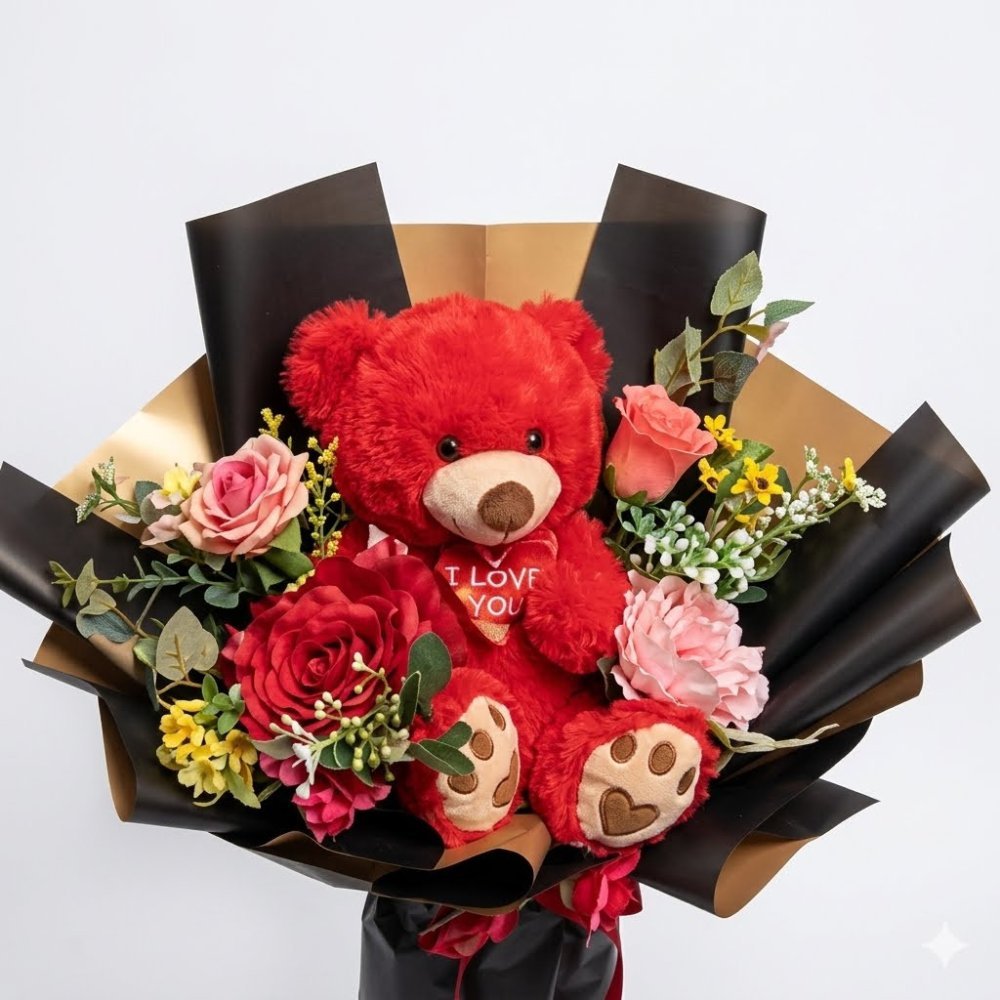 Rode teddybeer bloemenboeket