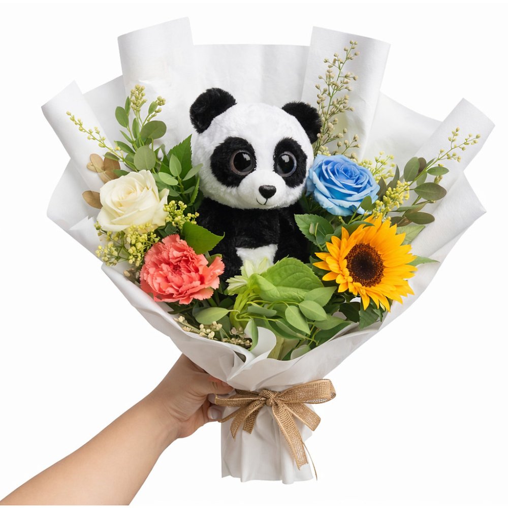 Panda plush with mixed flowers