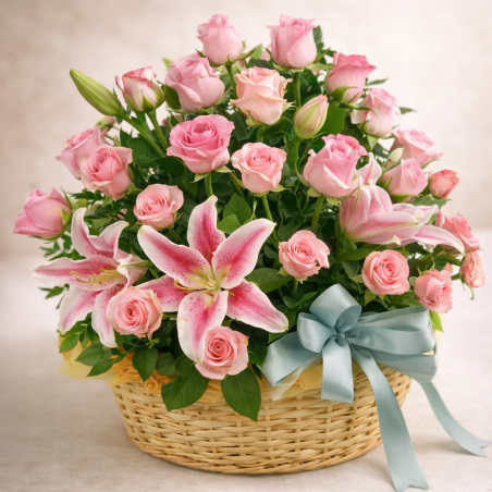 cistella de vímet de roses i lliris roses