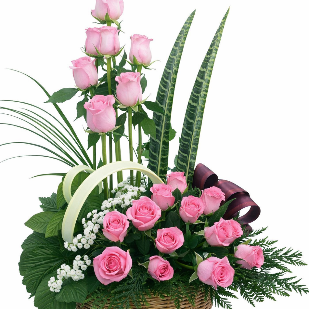 Roze rozen in een rieten mand