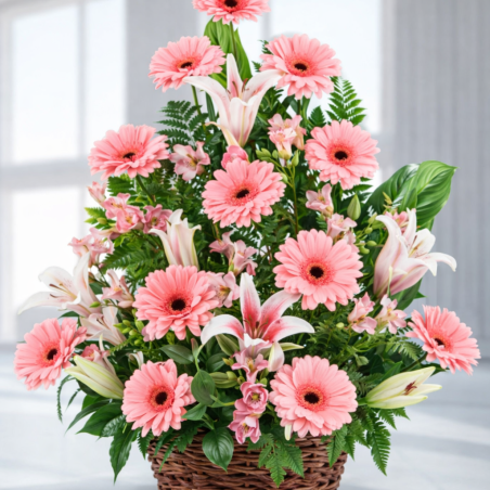 ピンクのユリガーベラウィッカーバスケット