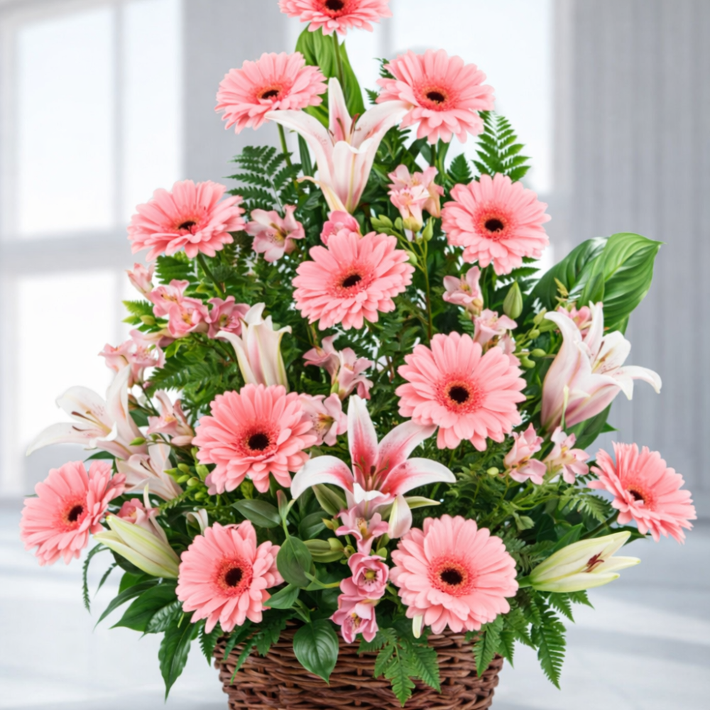 Pink floral arrangement woven basket