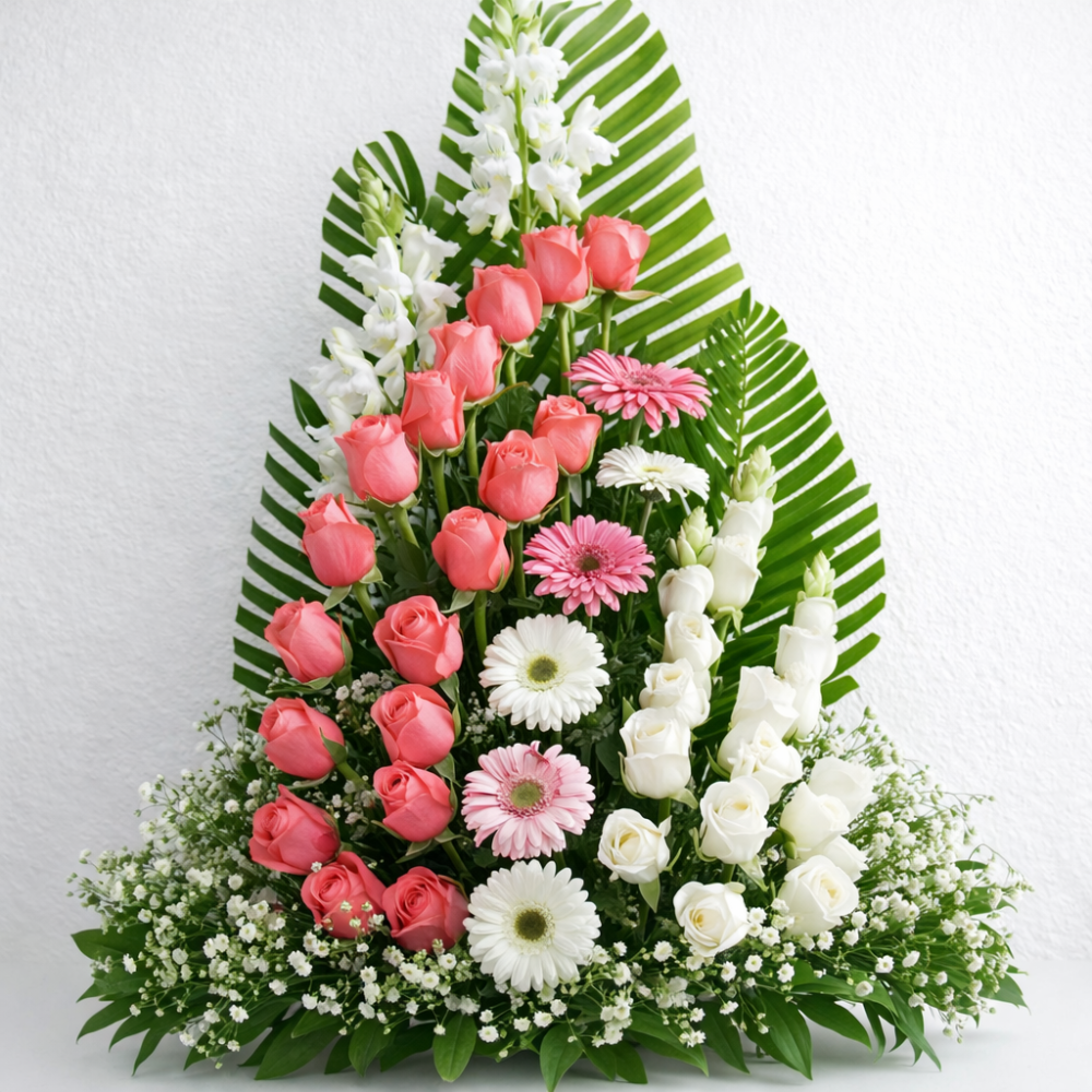 พวงหรีดดอกไม้สีชมพูคอรัลและสีขาว