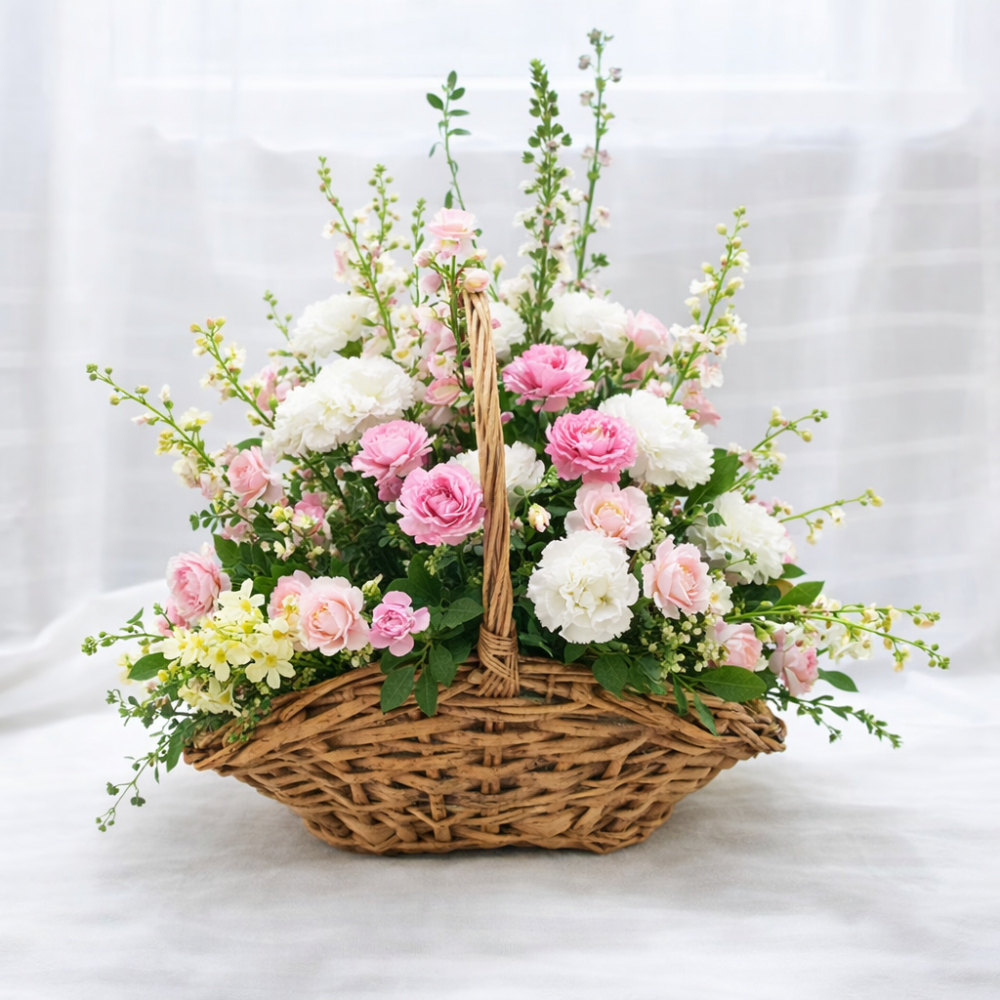 ピンクと白の花ウィッカーバスケット