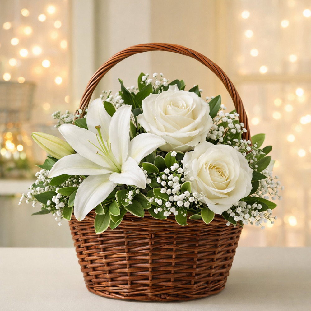 Cesta de mimbre con lirios blancos y rosas