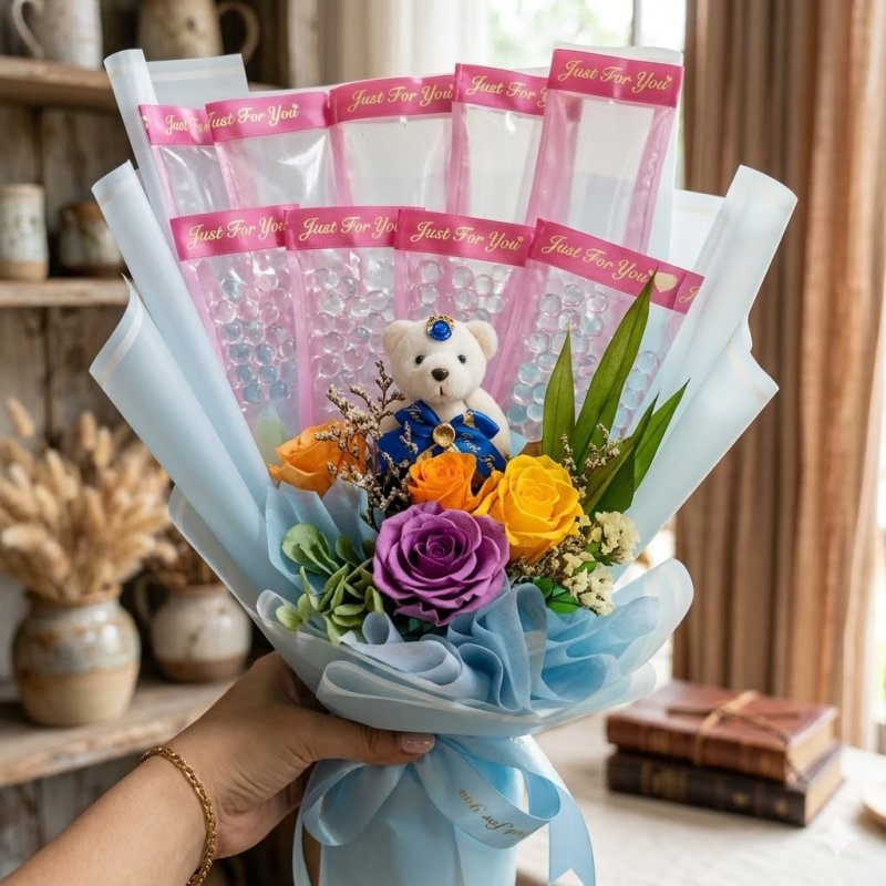 Blue flower bouquet teddy bear