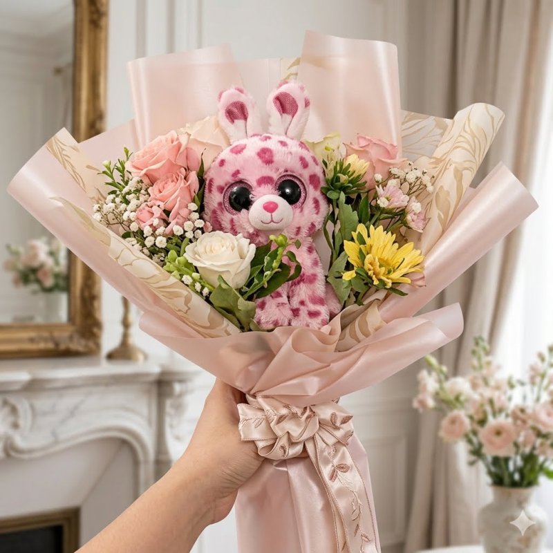 Pink kanin plys blomsterbuket