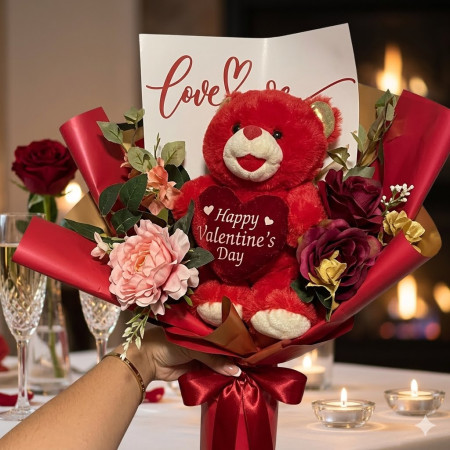 Red Teddy & Heart Flower Bouquet | Last Chance Deal