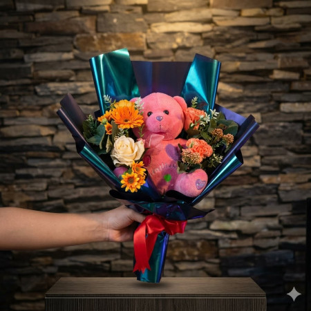Teddy Bear & Flower Bouquet (25cm) | Last Chance Deals
