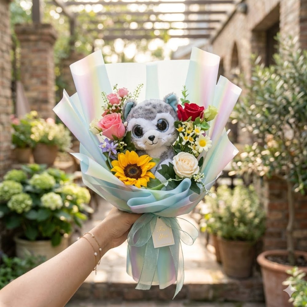 Plush raccoon bouquet artificial flowers