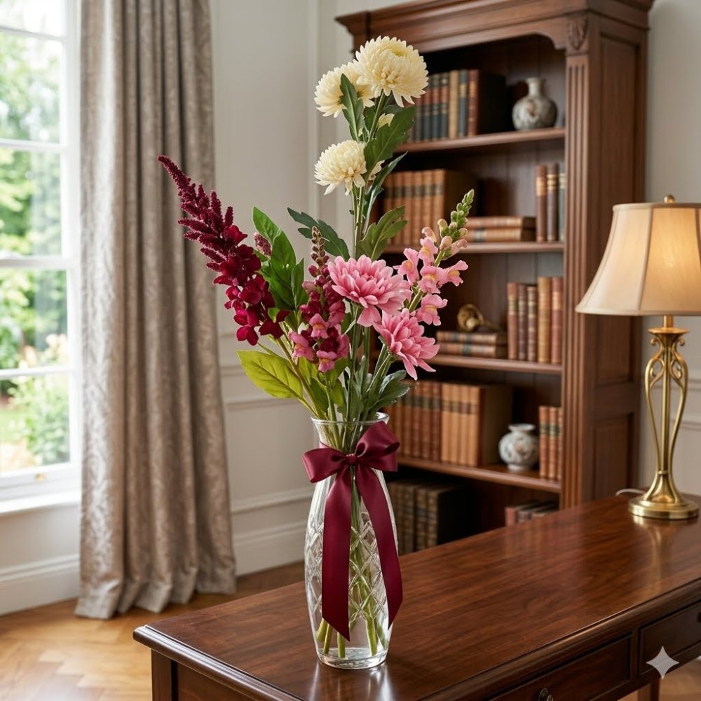 Artificial Flower Vase | Decorative Home Floral Arrangement in quilted glass vase